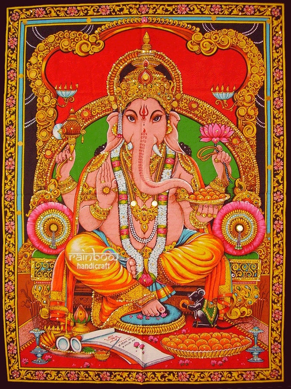 hindu religious elephant head god deity ganesh ganesha sequin coton fabric painting wall hanging Indian tapestry ethnic home decor art India