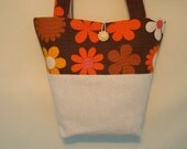 Ready to ship, small tote with vintage orange daisy linen detail.shoulder bag,purse,handbag