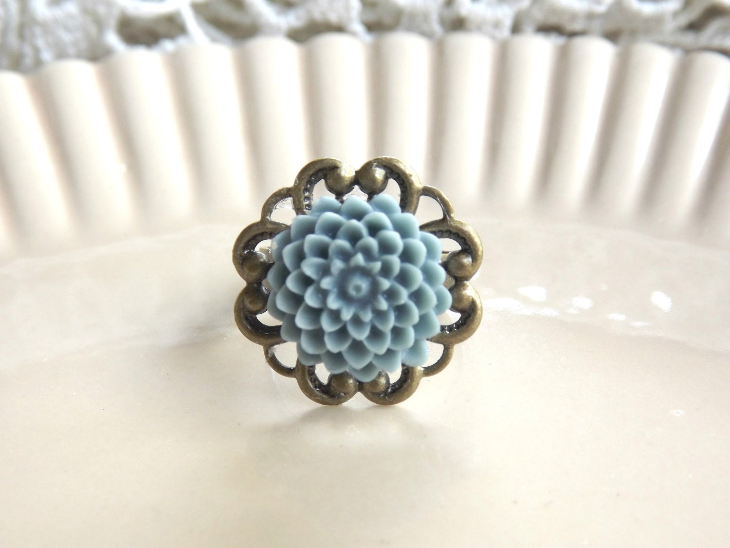 SALE Stormy Blue Filigree Rose Ring