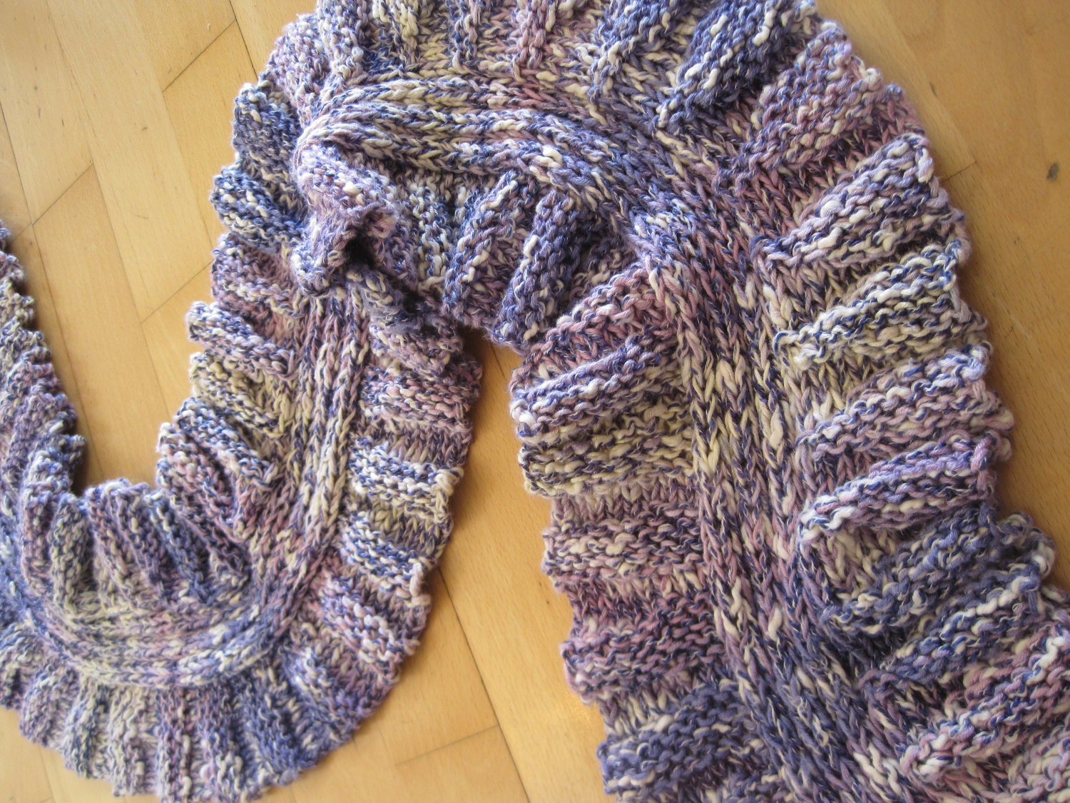 Knitted ruffle scarf, handmade , purple and white