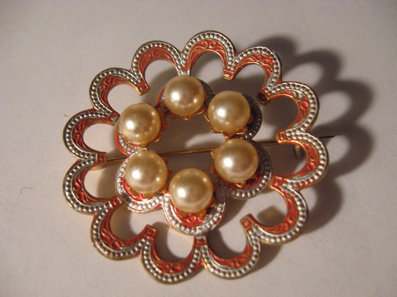Vintage 1940s Antique Gold Gilt Silver & Enamel DAMASCENE Floral Brooch PIN w PEARLS Made in Spain