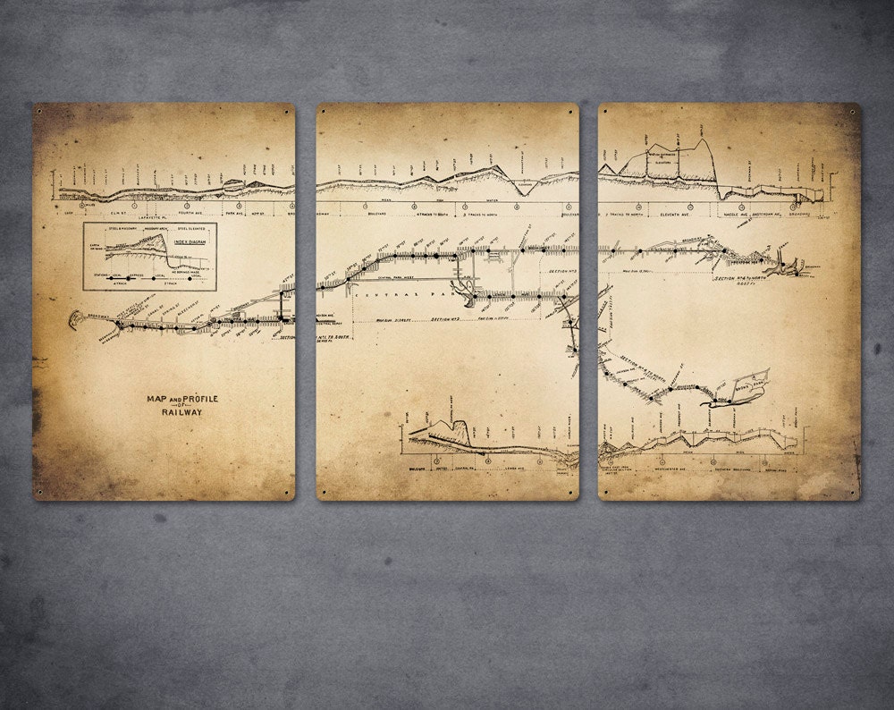 Old New York Subway and Rail Map on METAL -  46" x 23" Triptych - FREE SHIPPING - ArtHouseGraffiti