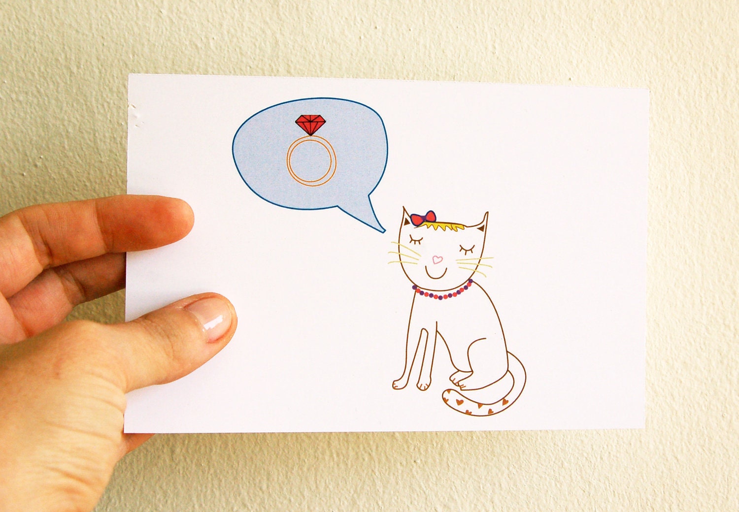 Engagement  Congratulations- Cute Dreaming Kitty Printed Card - animals card - illustration - ring - cat - funny illustration - handmade