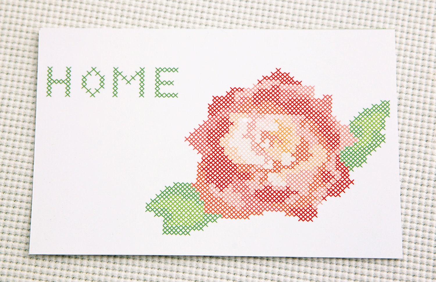 Home Rose Cross Stich Printed card - home sign - home  - pink rose - flower card - home decor - paper goods - cross stich patterns
