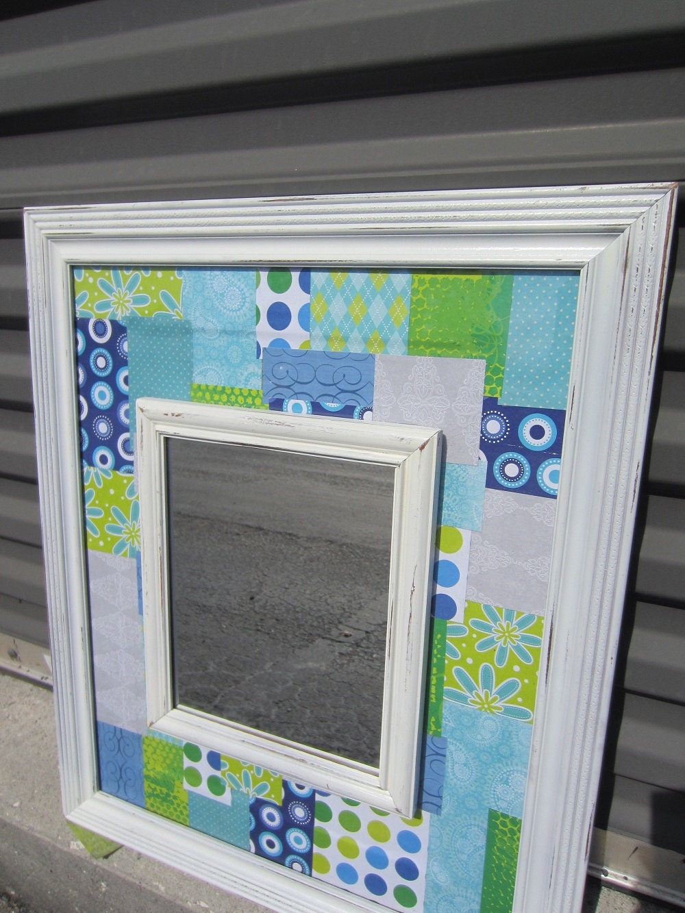 pink purple and turquoise decoupaged mirrors with distressed frames