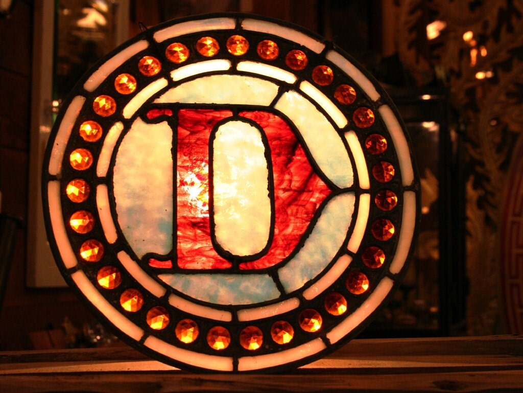 Letter D Made of Red and Blue Antique Leaded Stained Glass with 31 Amber Jewels
