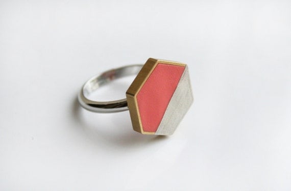 Peach/Silver Hexagon Ring