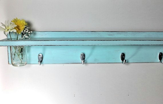 Wood shelf 5 key hooks with floral  vase, coat hooks, wood, home decor, distressed, shabby chic, country style, painted Baby Blue