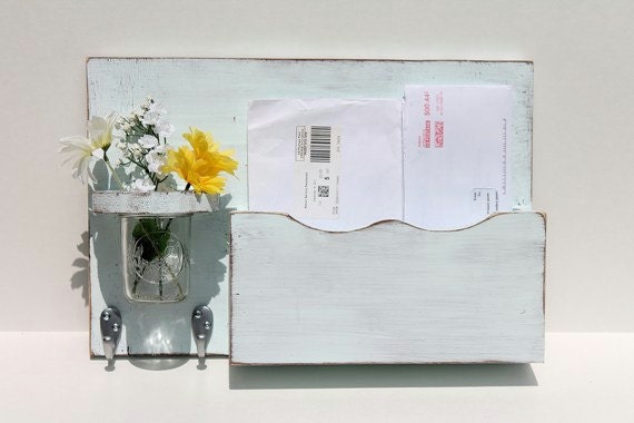 Mail organizer, floral vase, key hooks, mail holder, vintage, sconce, wood, distressed, shabby chic, home decor,painted Icy Blue