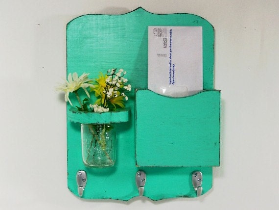 Mail organizer, shabby chic, floral vase, mail holder, key hooks, mail holder, wood, distressed, vintage, home decor,painted Aqua Blue