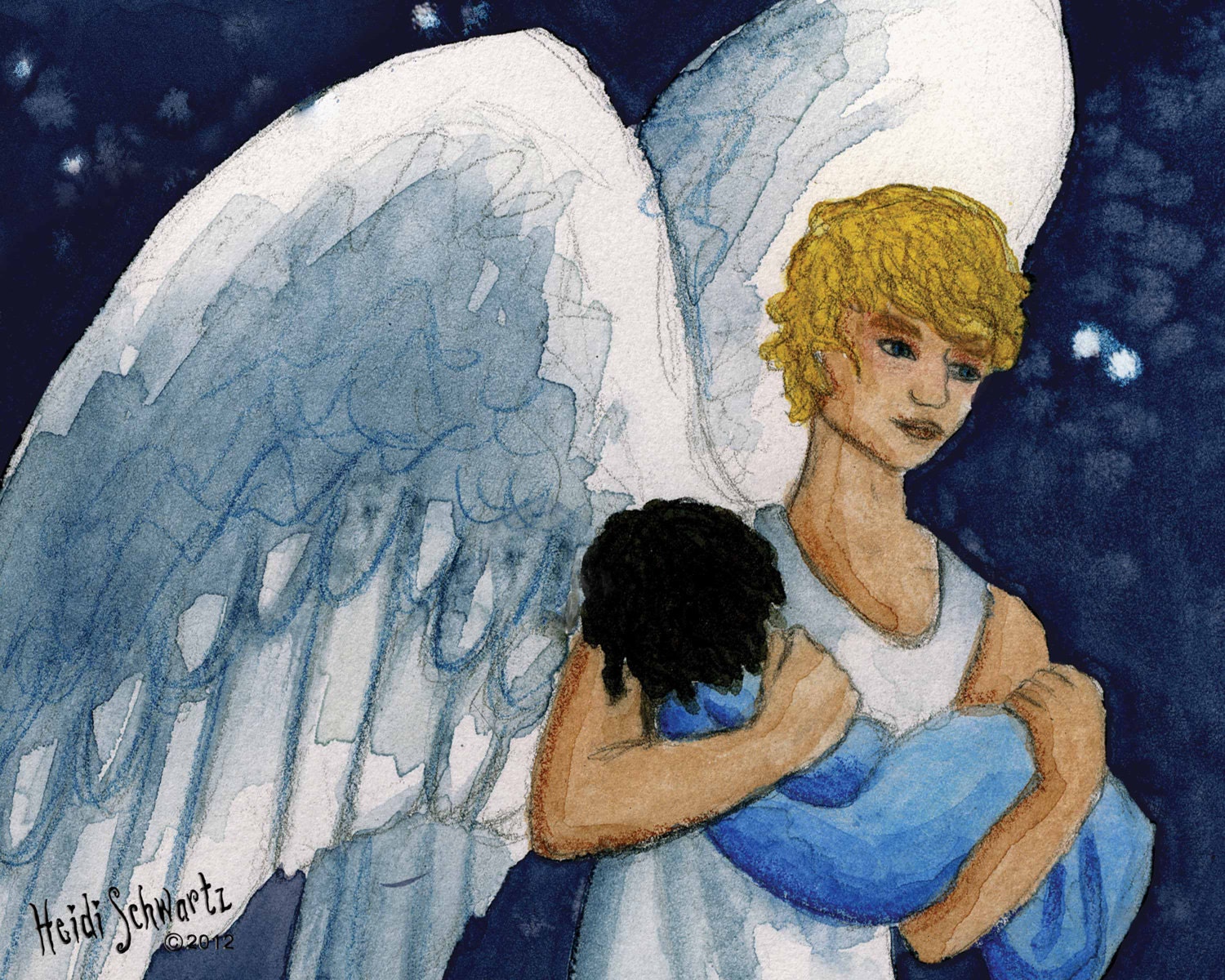 PRINT. 8x10" The Angel Collection. Close up of angel carrying child at night.
