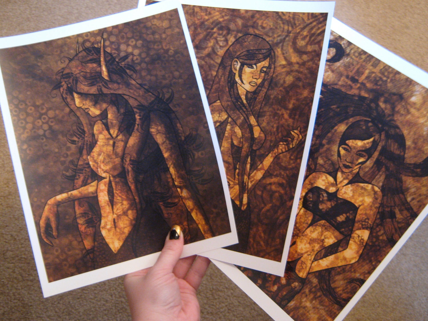 SET OF 3 PRINTS. 8x10". Texture Girls Collection. Brown girls with big hair are covered in/made up of brown patterns.