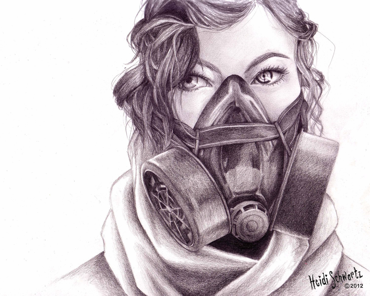 PRINT. Robotic People: 8x10 inch print of realistic drawing of a woman with a gas mask.
