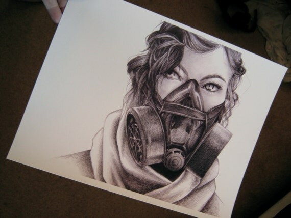 PRINT. Robotic People: 8x10 inch print of realistic drawing of a woman with a gas mask.
