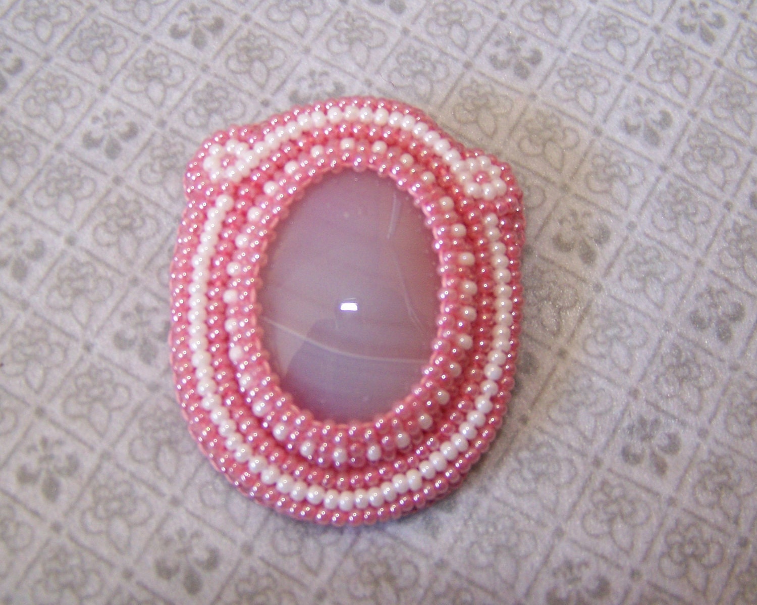 Pink Teddy Bear - Pink Agate Bead Embroidery Brooch - pink - white