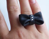 Black Polymer Bow Ring with Swarovski Crystals