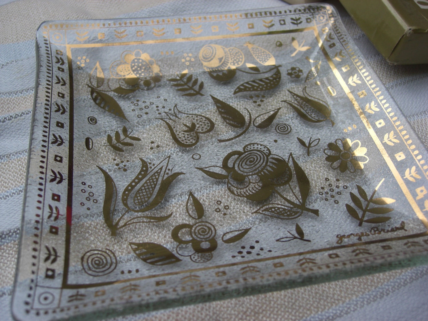 Vintage Glass Guild Georges Briard Persian Garden Gold Candy Dish In Original Box Mid Century