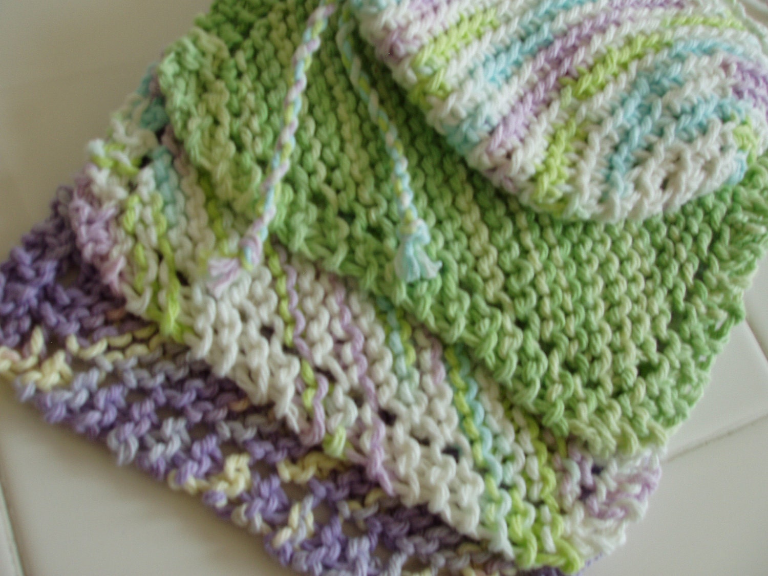 Lullaby, Set of 3, Baby Washcloths: Plus a FREE Crocheted Bag, Baby, Wash cloths, Knit, Green, Lavender, Drawstring Bag
