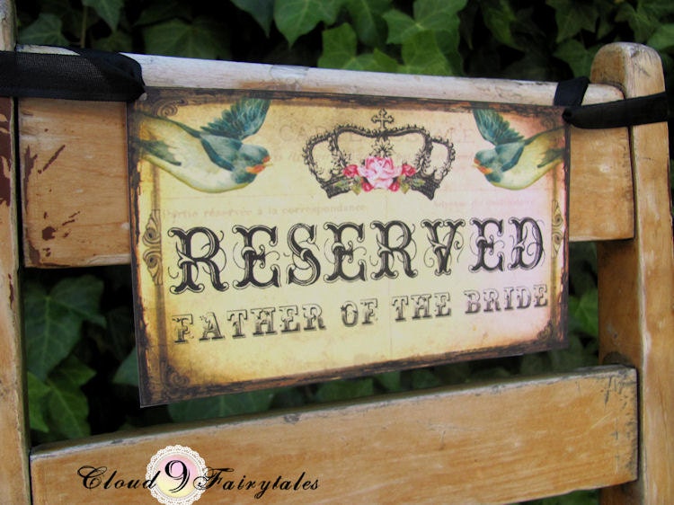 Love Birds Wedding Signs Reserved Chair Seating Signs Bride Groom Table Vintage Crown Birds Whimsical Table Cards Custom Wording Set of 4