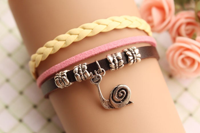 snail bracelet,retro silver cute snail pendant bracelet,yellow and brown leather braid bracelet---B090