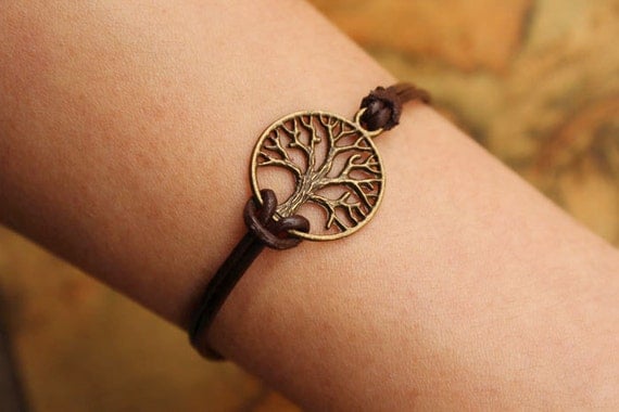 Wishing tree bracelet,retro bronze tree bracelet,brown true leather bracelet---B034