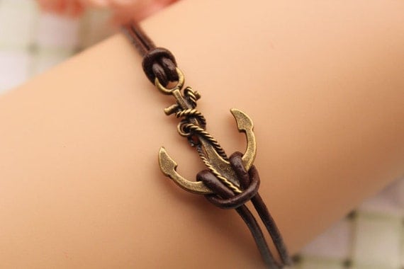 anchor bracelet,retro anchor pendant bracelet,brown leather bracelet---B003