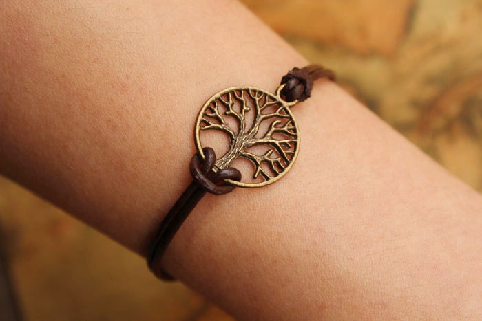 Wishing tree bracelet,retro bronze tree bracelet,brown true leather bracelet---B034