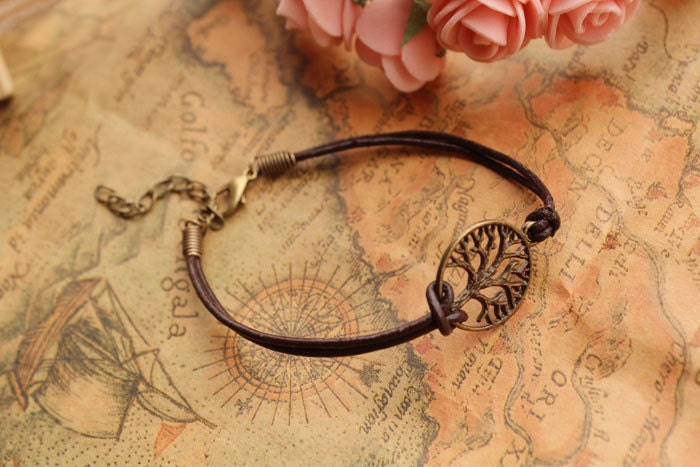 Wishing tree bracelet,retro bronze tree bracelet,brown true leather bracelet---B034