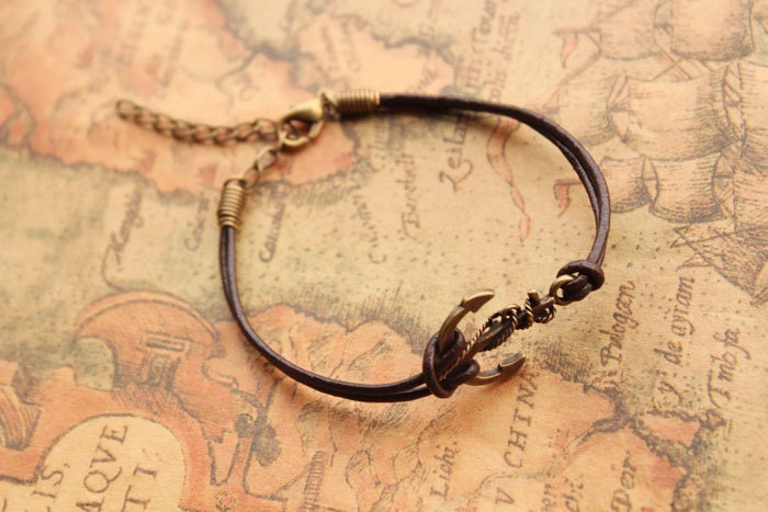 anchor bracelet,retro anchor pendant bracelet,brown leather bracelet---B003
