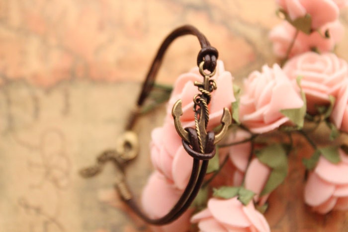 anchor bracelet,retro anchor pendant bracelet,brown leather bracelet---B003