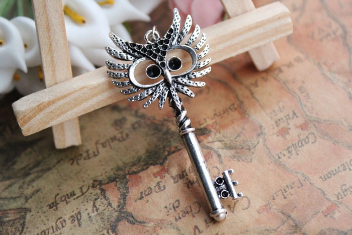 simple necklace,retro silver owl with key pendant,owl necklace---N016
