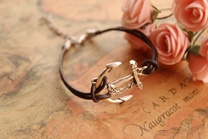 anchor bracelet,retro anchor pendant bracelet,brown true leather bracelet---B001