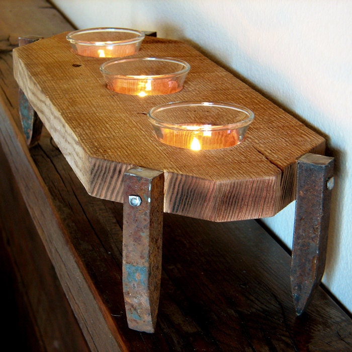 Primitive tealight holder, rustic railroad spikes candle holder
