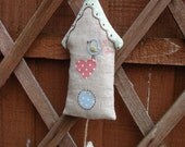 Hand embroidered ''sweet home'' hanging ornament - a birdhouse and a heart, from natural linen, with jute string