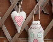 Hanging ornament - a house with a butterfly embroidery and a heart with ''sweet home'' embroidery on jute string