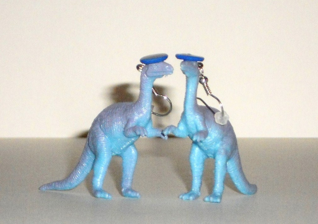 Dinosaur Earrings  "DinoLids" Dinosaur with Blue Hat Geekery Plastic Toy Dinosaur Repurposed Purple Dinosaur
