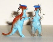 Dinosaur Earrings  "DinoLids" Dinosaur with Blue Hat Geekery Plastic Toy Dinosaur Repurposed Brown Dinosaur