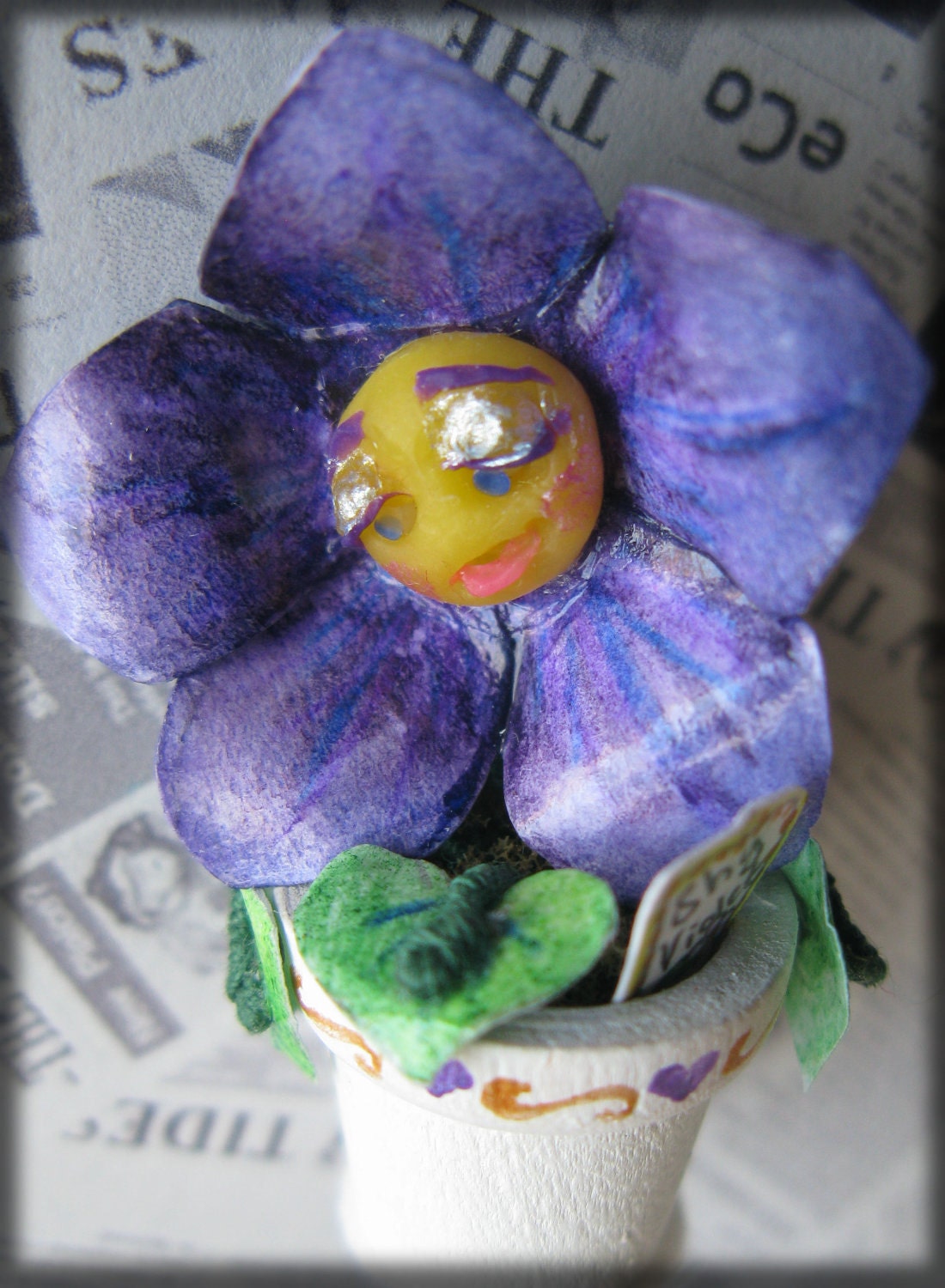 Violet Flower Brooch 'Shy Violet' Mixed Media Tiny Flower Pot Pin Badge