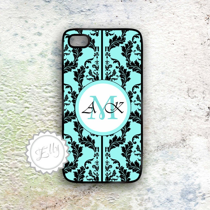 Turquoise monogrammed iPhone case - damask iphone4 hard cover - Monogram