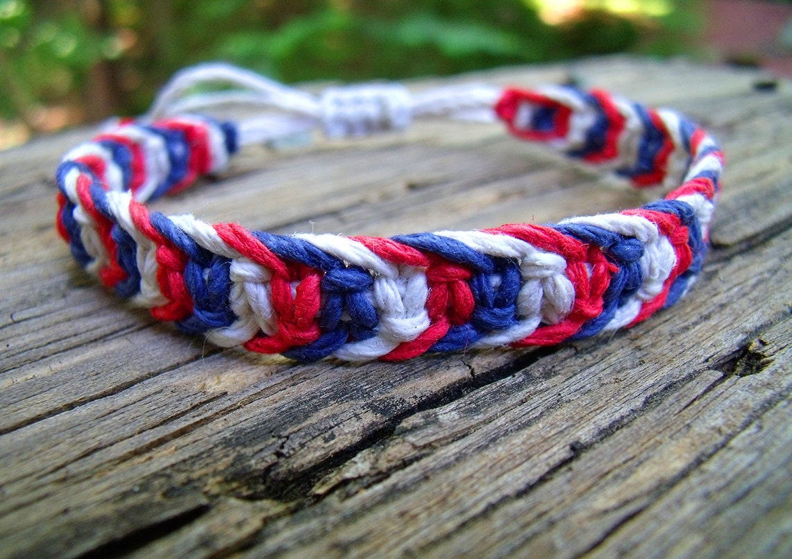 Red, White, & Blue Fishbone Knot Hemp Bracelet - 4th of July