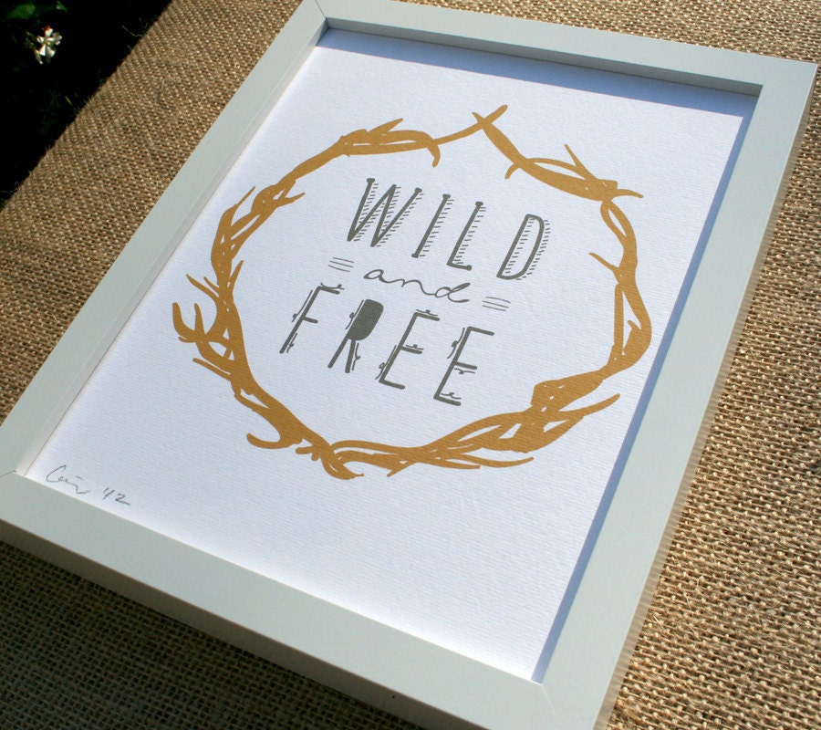 wild and free quote art print 8 x 10 antler wreath and handwritten typography illustration in spring colors with white background