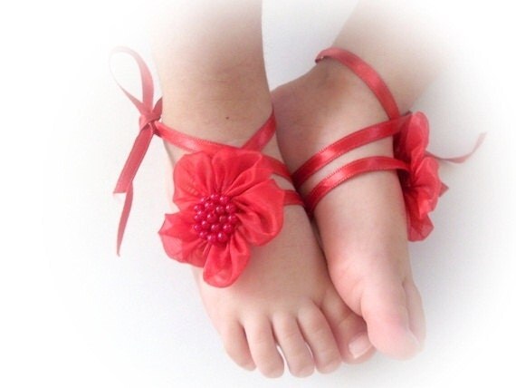 Handmade Baby Sandals with Cute Yoyo- Baby Sandals Red Flower Baby Barefoot Sandals - Barefoot Sandals