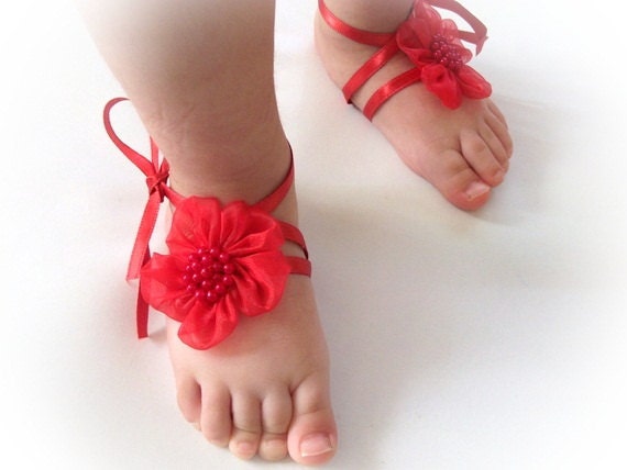 Handmade Baby Sandals with Cute Yoyo- Baby Sandals Red Flower Baby Barefoot Sandals - Barefoot Sandals