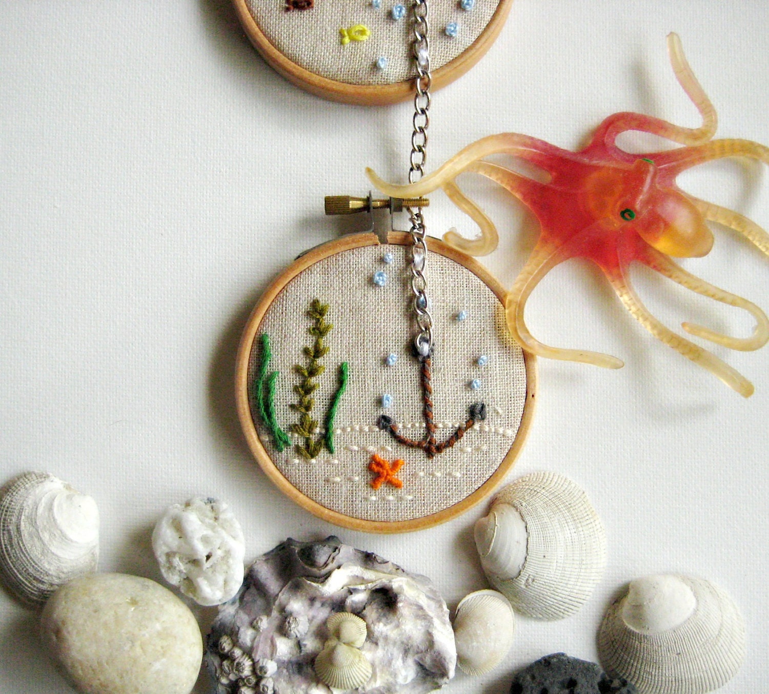 NAUTICAL WALL ART -Tugboat on the sea with anchor, a collection of embroidered marine life hoop wall decoration