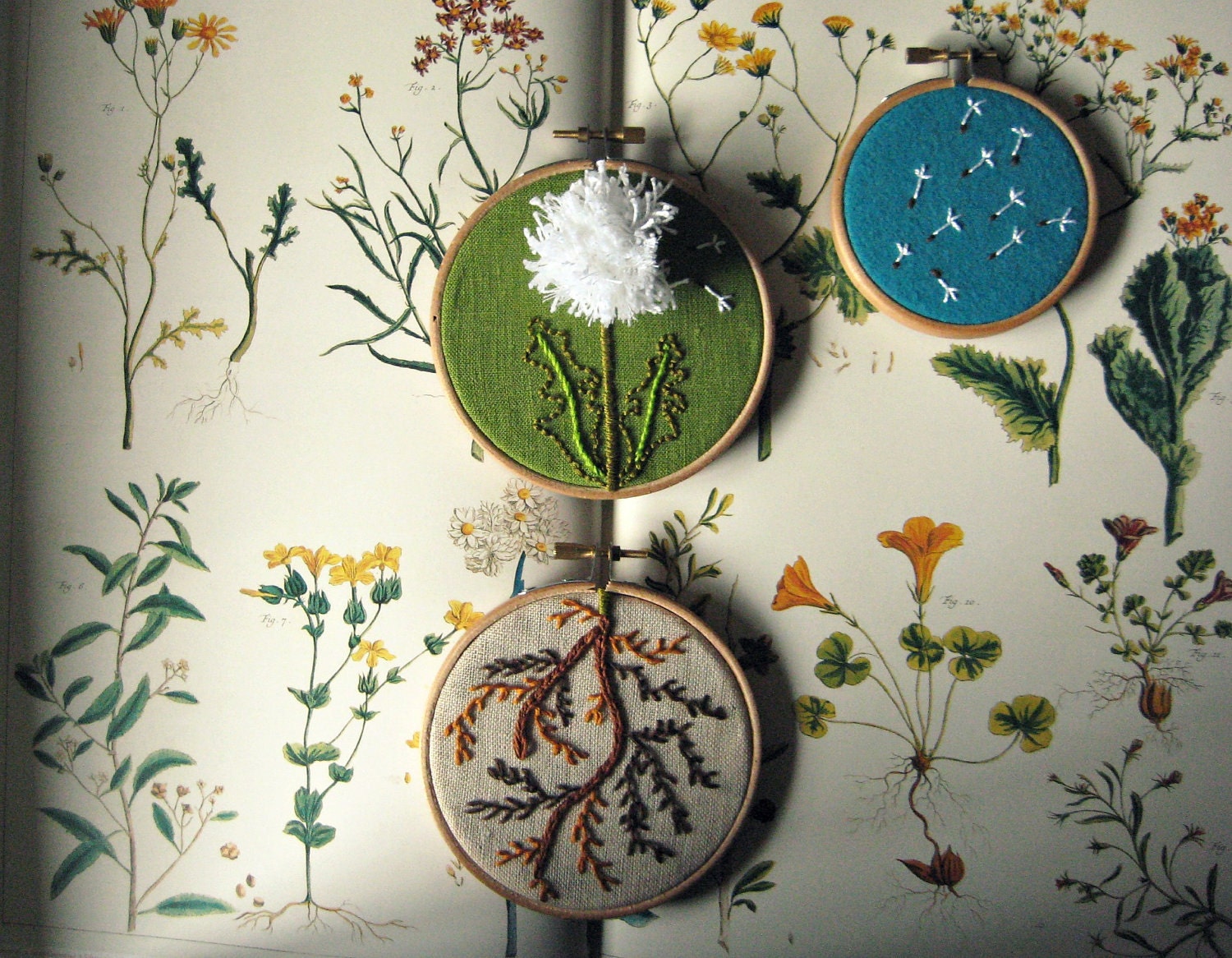 DANDELION FLOWER DISPLAY - Spring Decor Hand Stitched  on Linen, Cotton and Felt Wall Decor with natural colors for Embroidered Flora Lovers