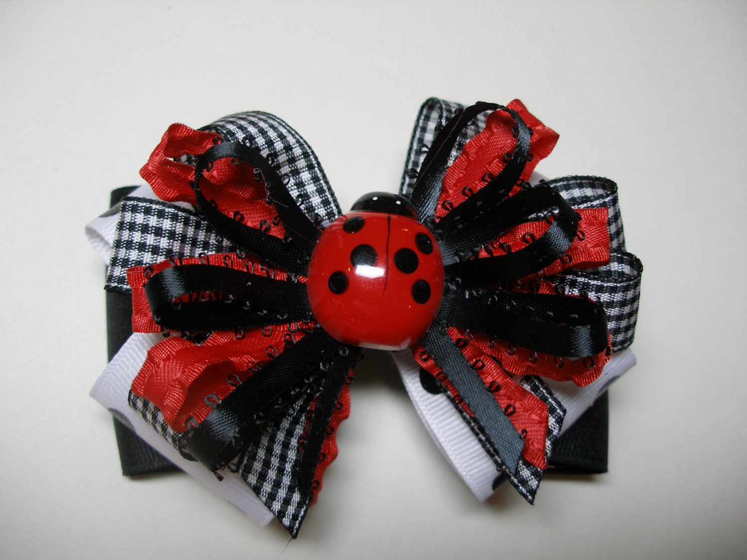 Hair Bow LADY BUG Red Black White Polka Dot Boutique Toddler Girl Unique Novelty Layered Grosgrain Handmade Gingham check