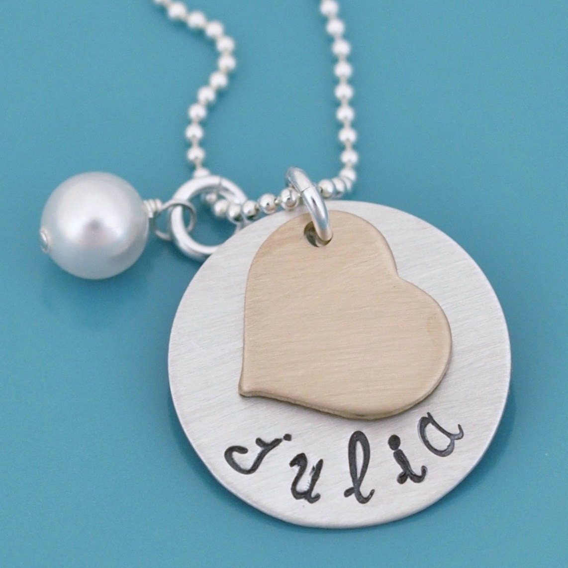 Sterling Silver Heart Hand Stamped Personalized Name Necklace mixed metal 14k gold fill handstamped custom birthstone