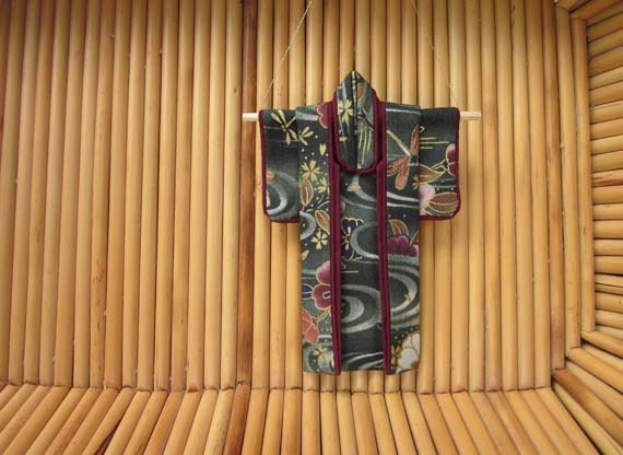 5-inch Kimono, "Olive Eddy." Fabric Origami Kimono Ornament: Dragonfly, Water, Cherry Blossoms. Gold, Green, Burgundy. Perfect for framing.
