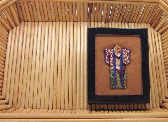 Framed Tiny Origami Kimono: "Autumn" nestled on Vintage Kimono Silk Jacquard Fabric. Frame 5.5 inches tall. Purple Gold Black Glass