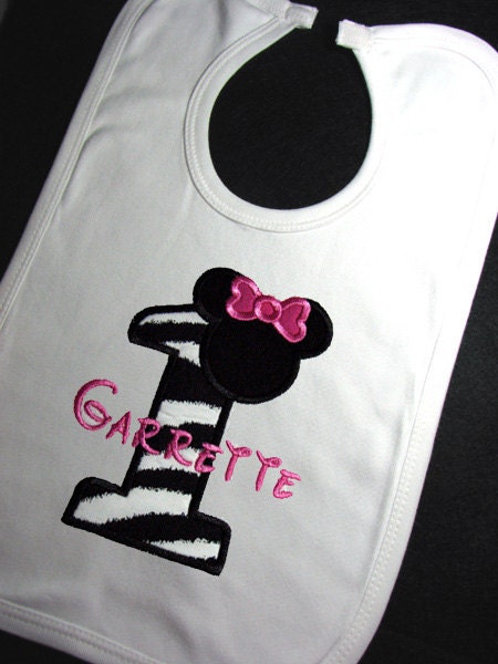 First Birthday Personalized Minnie Mouse Bib for Girls. Zebra and Hot Pink. Shirt is also available